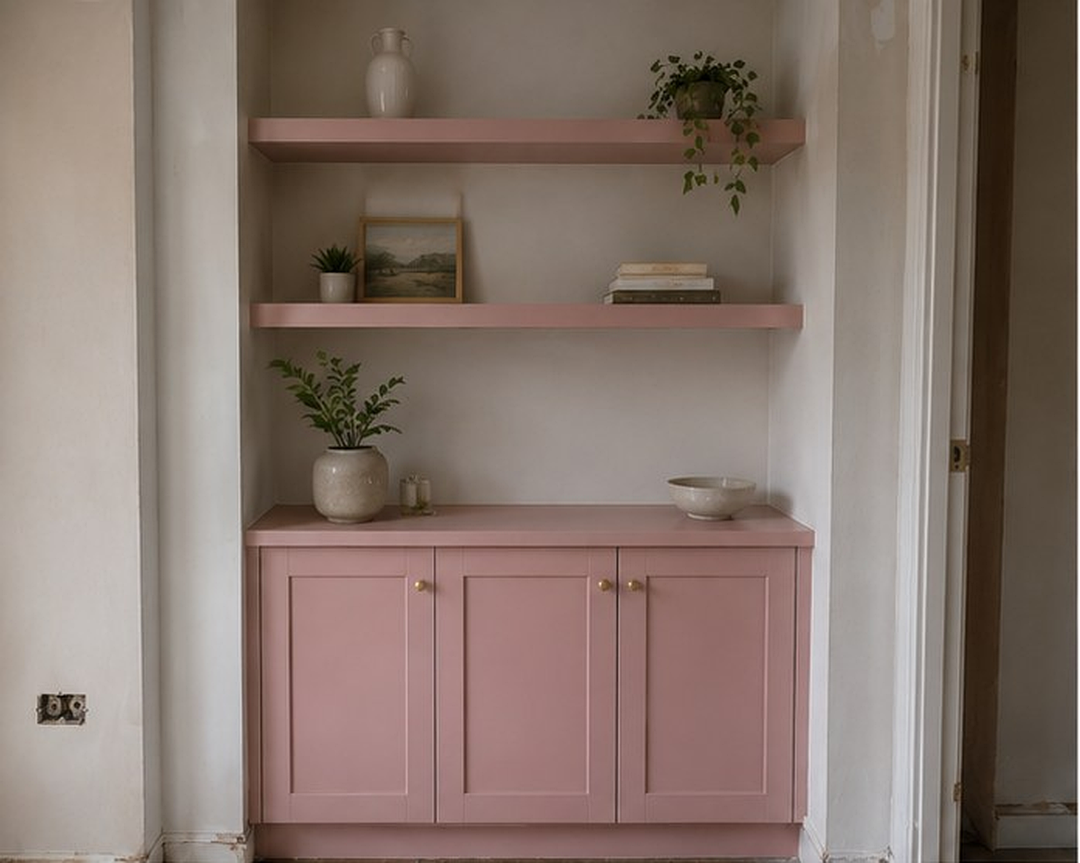 A dusty pink alcove cupboard with floating shelves above