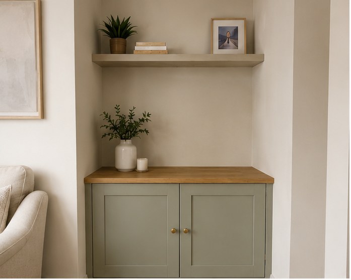 A finished Modularr alcove unit in a living room