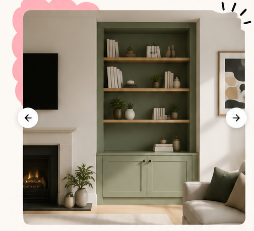 Sage green alcove shelving with warm styling